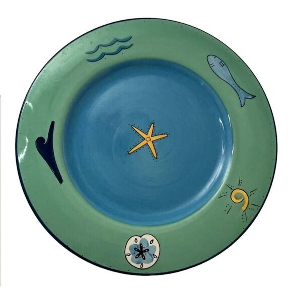 Brushes Hand Painted K.I.C. Dinner Plate - Ocean Fish Starfish - Blue / Green x2 - Picture 8 of 12